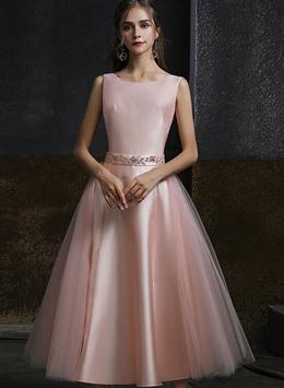 Picture of Pink Satin and Tulle V Back Tea Length Party Dresses, Pink Wedding Party Dress